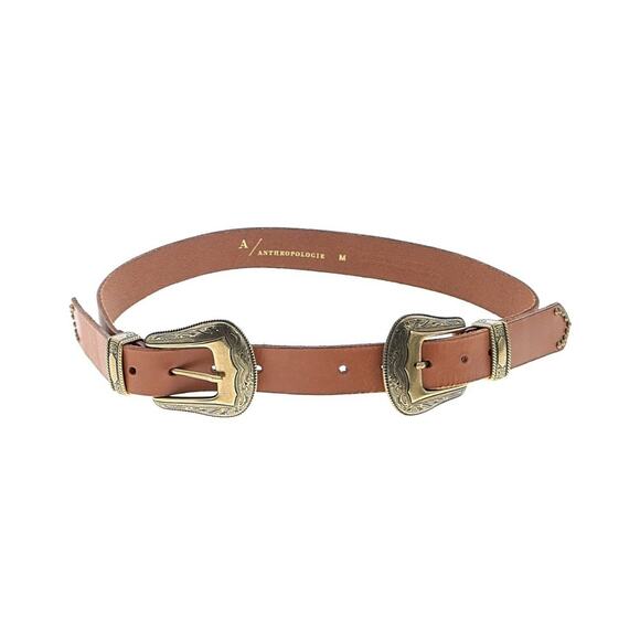 Anthropologie Leather Brown Gold Double Buckle Western Belt M - Picture 1 of 1